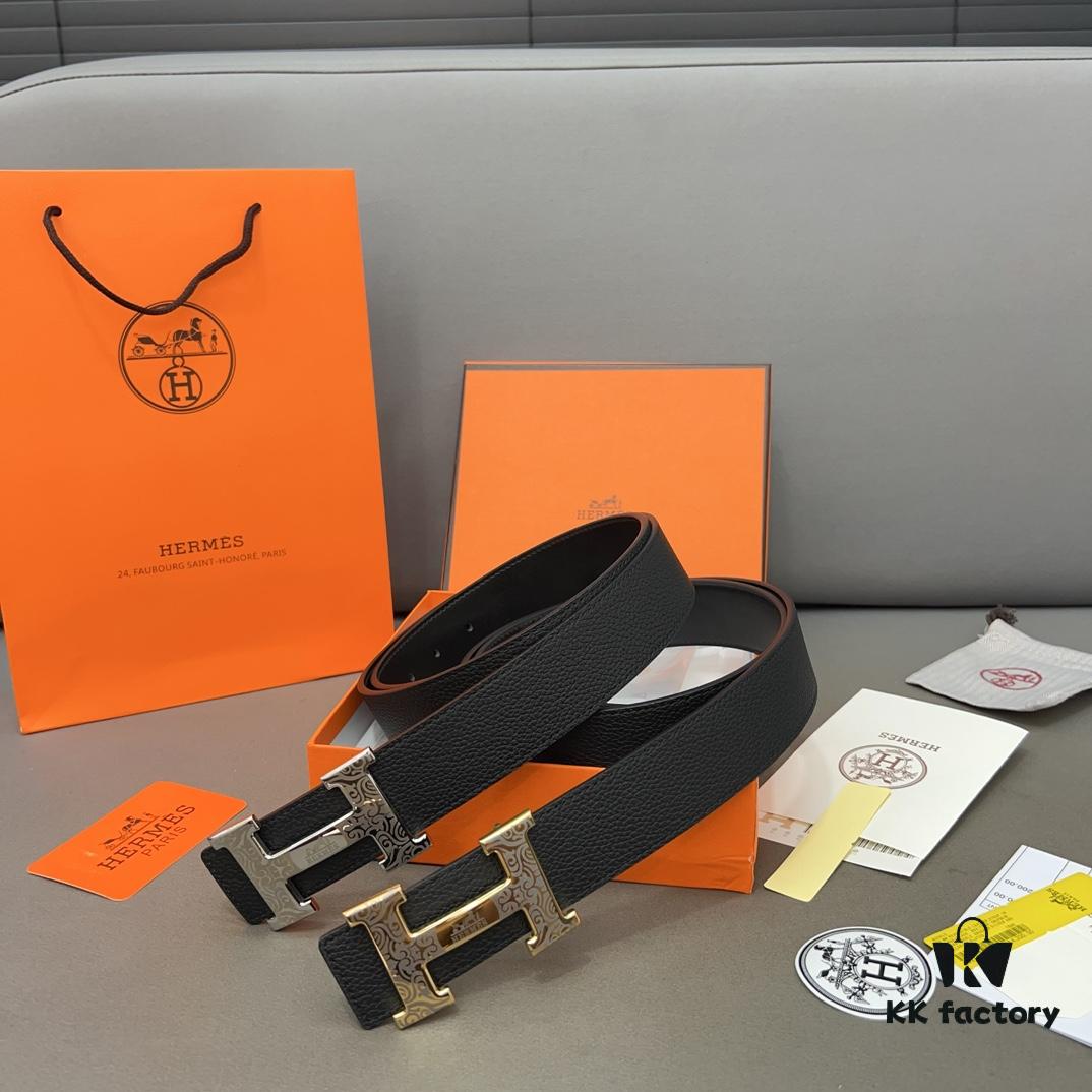 Hermès Men's Leather Belt with Steel Buckle, Printed Eyelets, Genuine Cowhide, Classic Design, Two Colors Available