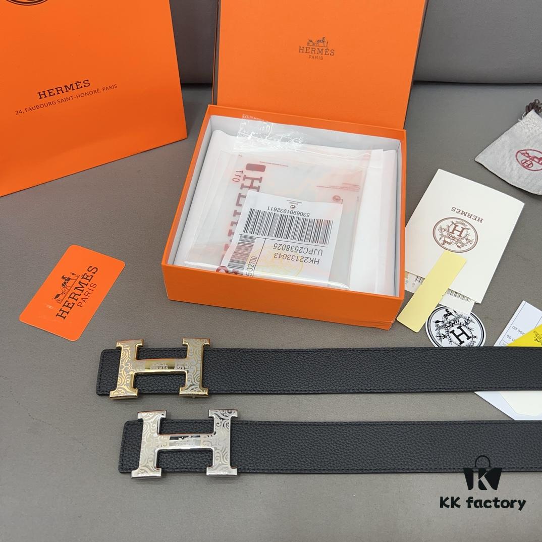 Hermès Men's Leather Belt with Steel Buckle, Printed Eyelets, Genuine Cowhide, Classic Design, Two Colors Available