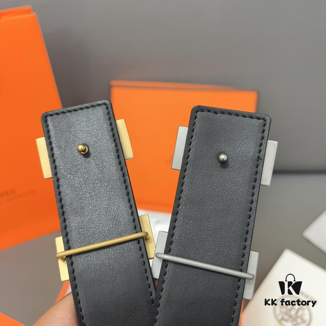 Hermès Men's Leather Belt with Steel Buckle, Printed Eyelets, Genuine Cowhide, Classic Design, Two Colors Available