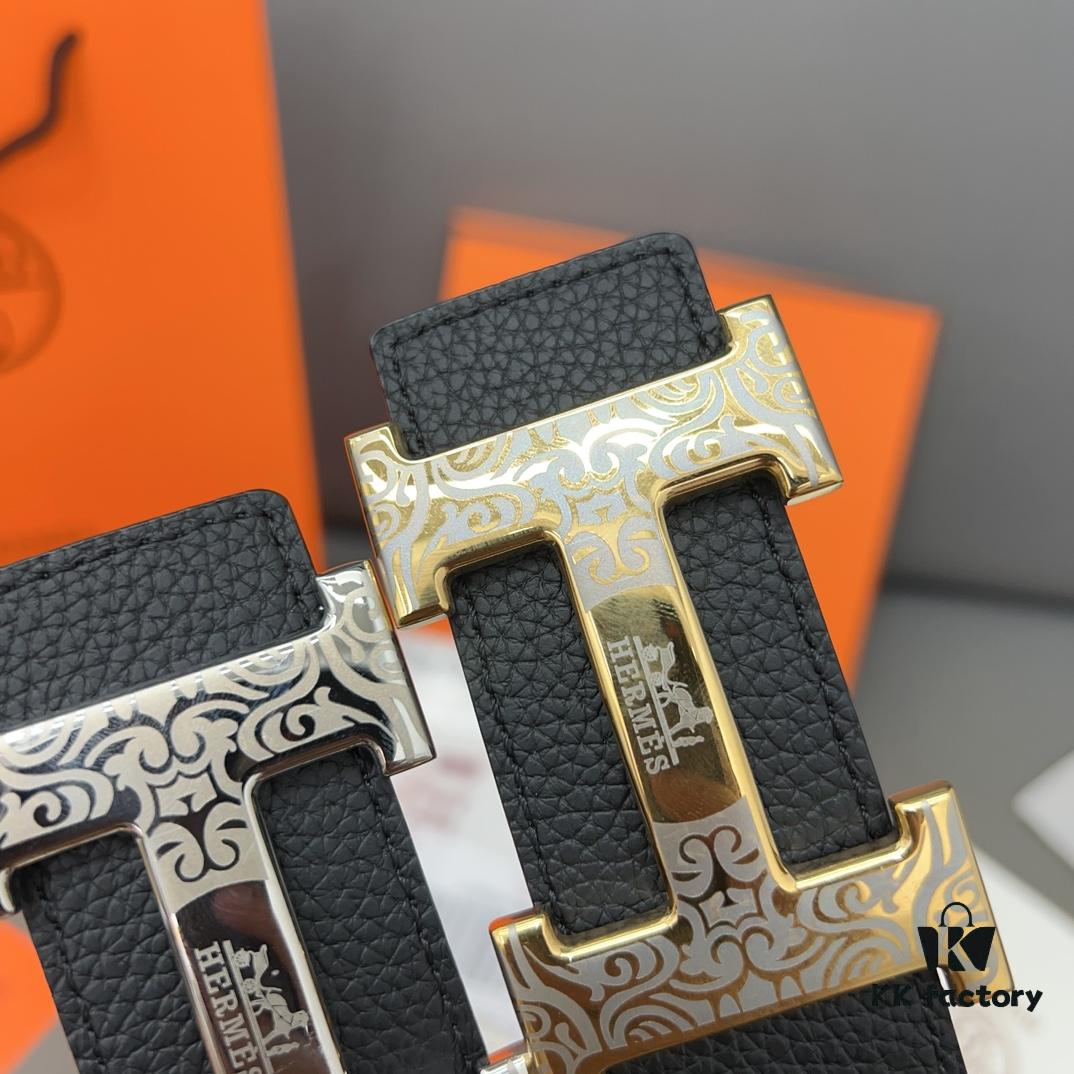 Hermès Men's Leather Belt with Steel Buckle, Printed Eyelets, Genuine Cowhide, Classic Design, Two Colors Available