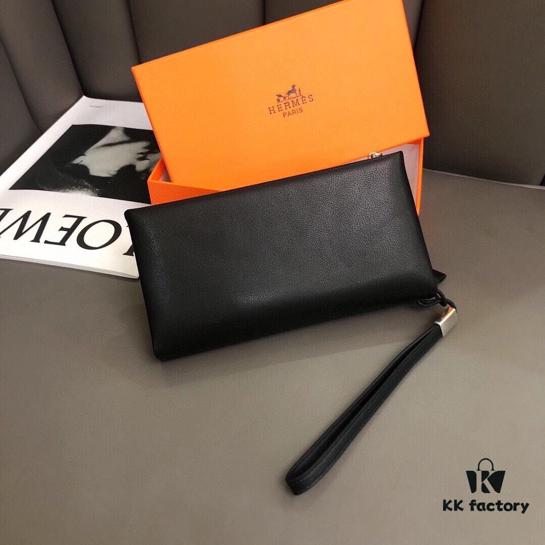 Hermès Black Leather Handheld Clutch Bag 21x10 Model 90095