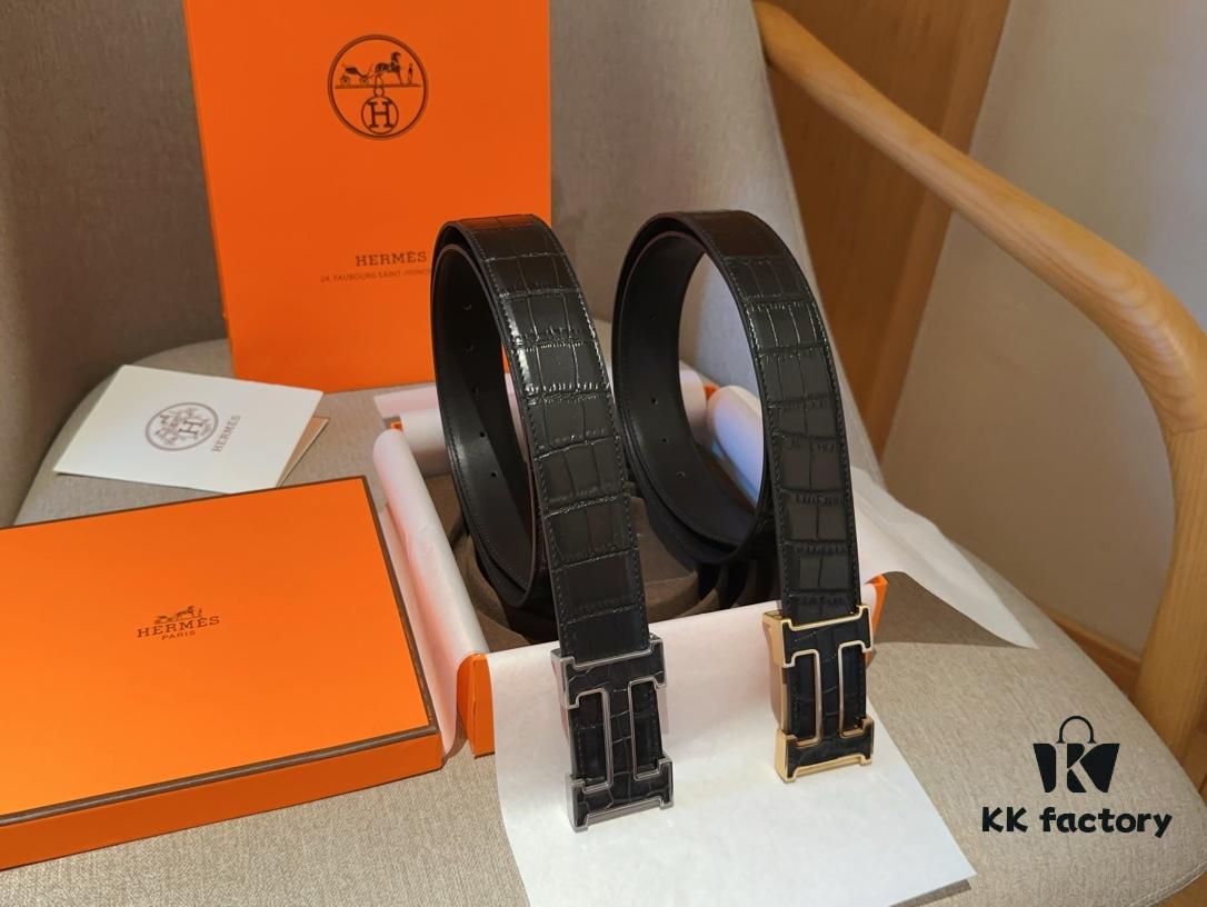 Hermes Men's Genuine Leather Crocodile Pattern Belt, 3.5cm Width