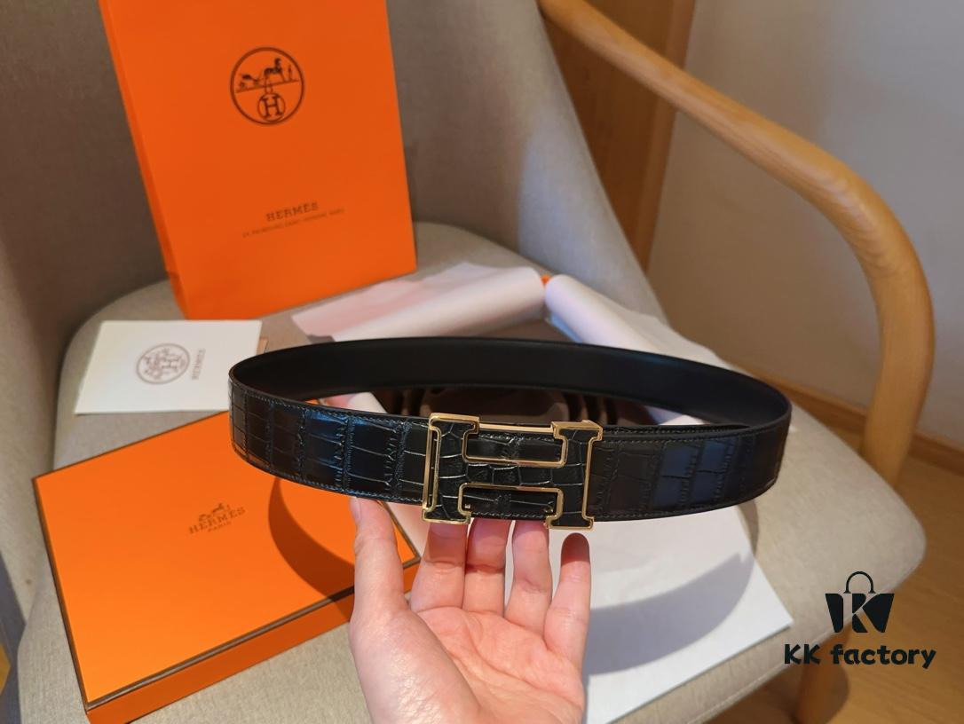 Hermes Men's Genuine Leather Crocodile Pattern Belt, 3.5cm Width