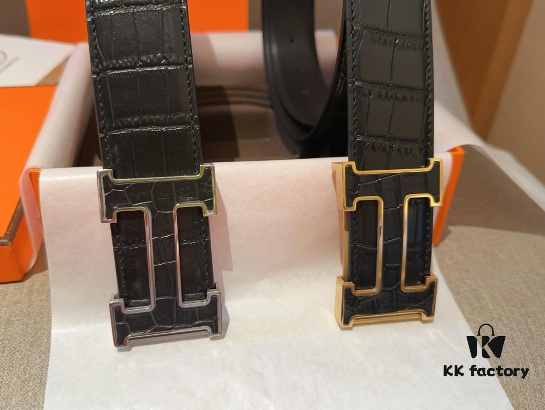 Hermes Men's Genuine Leather Crocodile Pattern Belt, 3.5cm Width