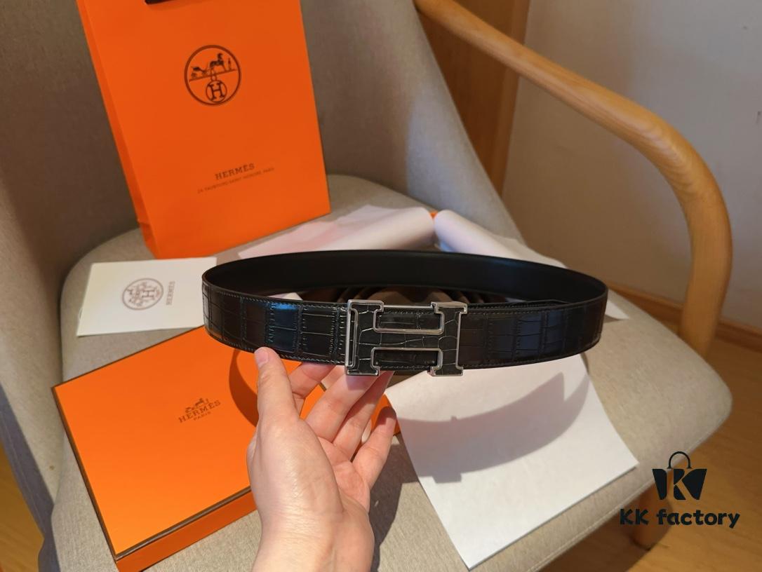 Hermes Men's Genuine Leather Crocodile Pattern Belt, 3.5cm Width