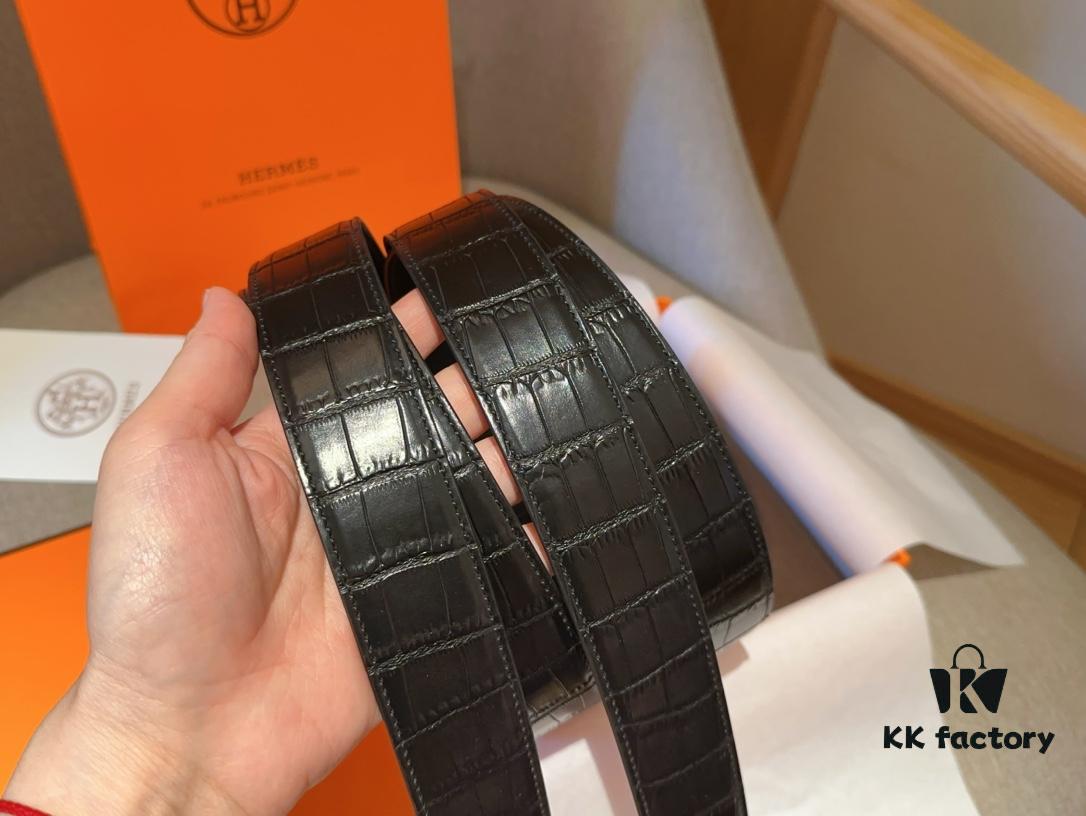 Hermes Men's Genuine Leather Crocodile Pattern Belt, 3.5cm Width