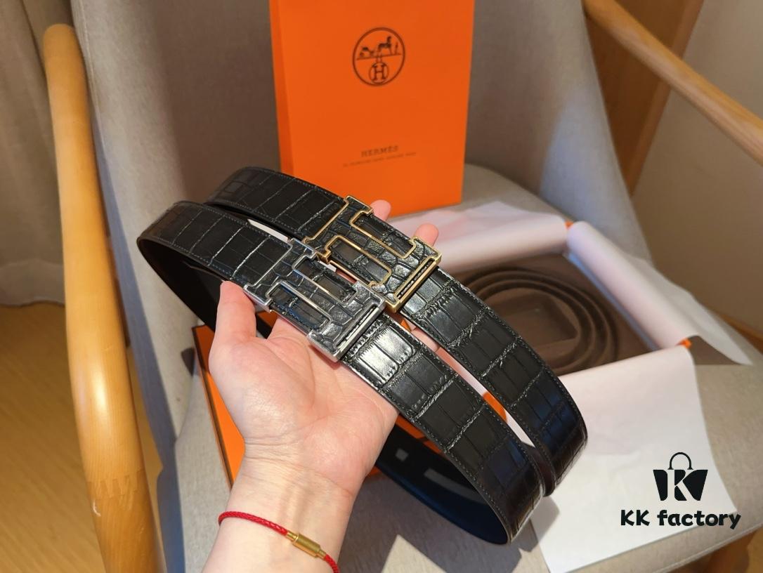 Hermes Men's Genuine Leather Crocodile Pattern Belt, 3.5cm Width