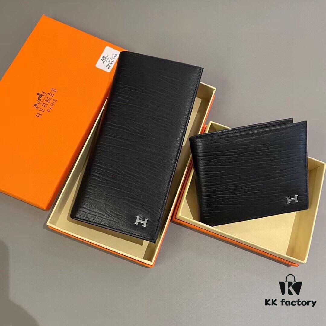 Hermès Style Men's Genuine Imported Cowhide Folded Wallet in Black - Short 12x10, Long 19x10