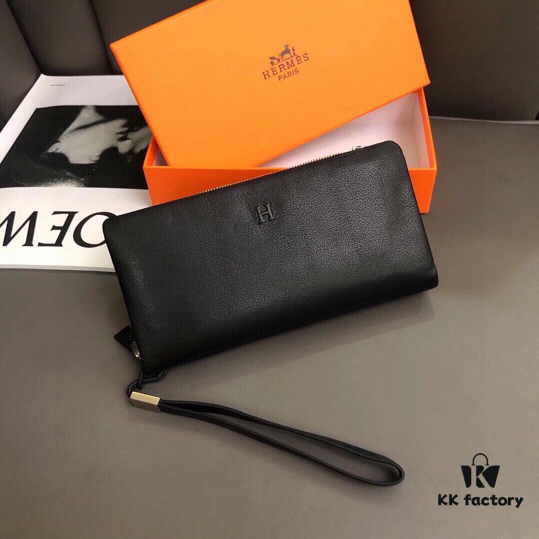 Hermès Black Leather Clutch 21x10 Model 90095 - Premium Cowhide with Card Slots and Phone Pocket, Men's Essential Fashion Accessory