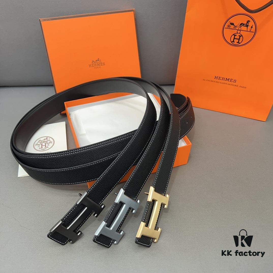Hermès Men's Classic Leather Belt in Cowhide with High-Quality Alloy Buckle, Two Colors Available
