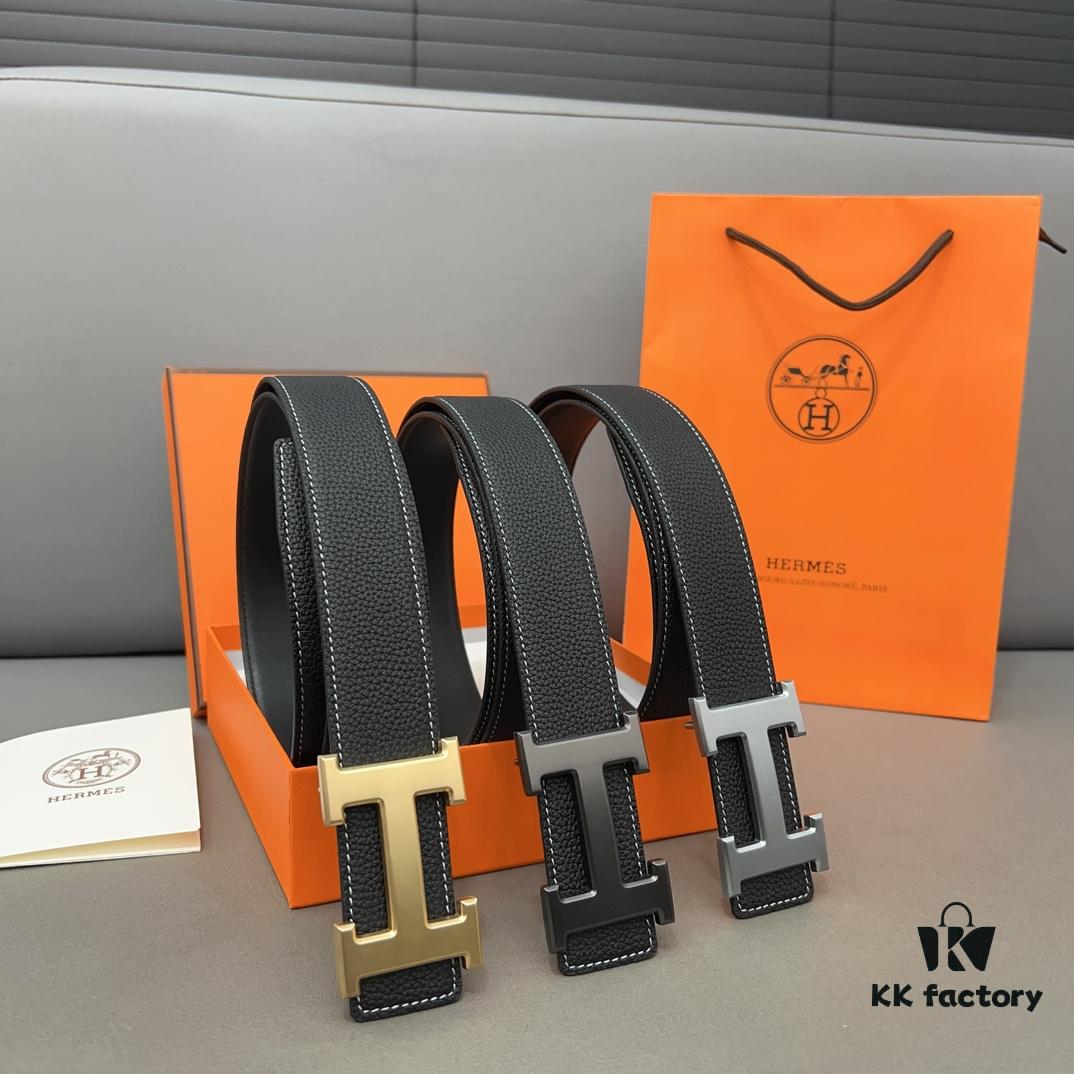 Hermès Men's Classic Leather Belt in Cowhide with High-Quality Alloy Buckle, Two Colors Available