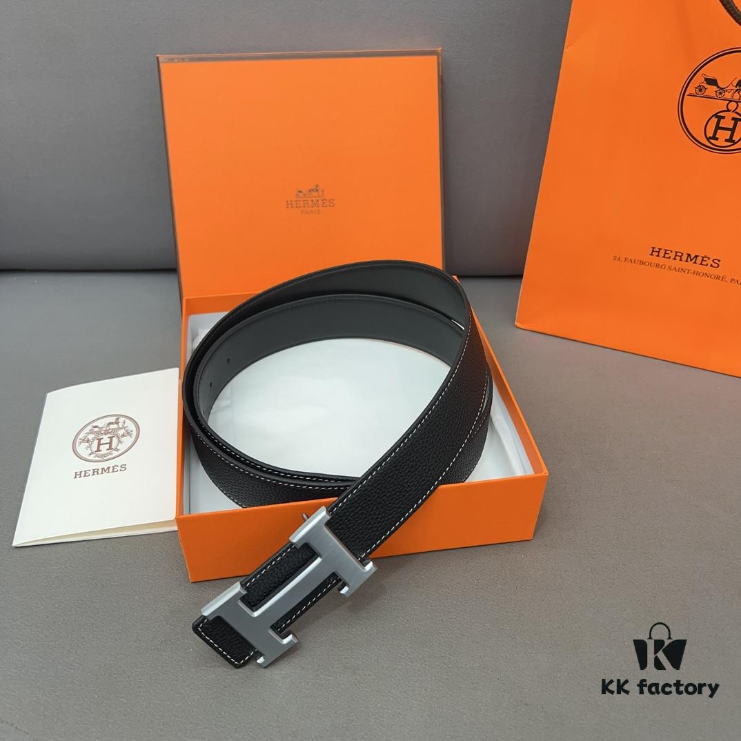 Hermès Men's Classic Leather Belt in Cowhide with High-Quality Alloy Buckle, Two Colors Available