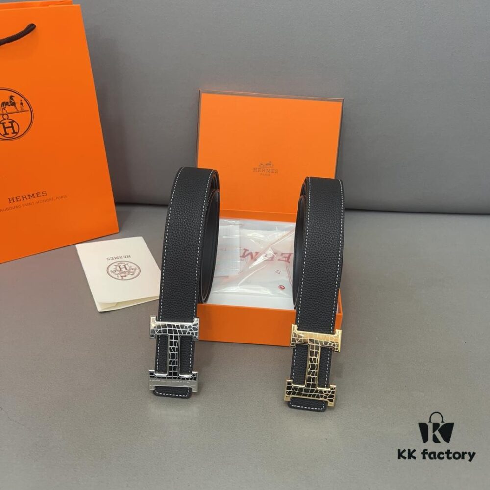 Hermès Men's Leather Belt with Steel Buckle and Printed Eyelets, Classic Design, Two Colors Available