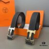 Hermès Men's Leather Belt with Steel Buckle and Printed Eyelets, Classic Design, Two Colors Available