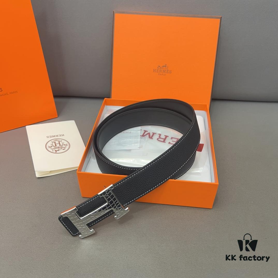 Hermès Men's Leather Belt with Steel Buckle and Printed Eyelets, Classic Design, Two Colors Available