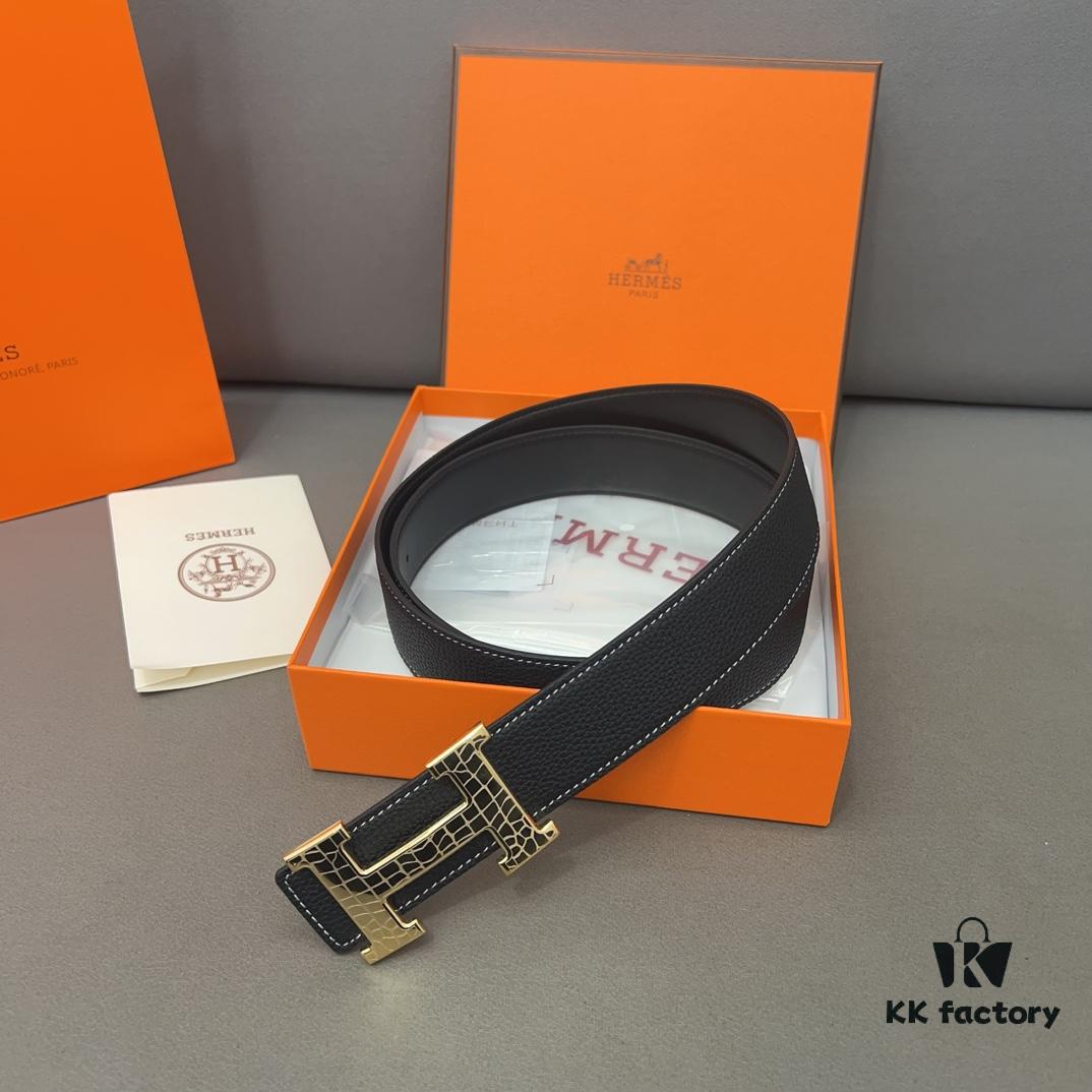 Hermès Men's Leather Belt with Steel Buckle and Printed Eyelets, Classic Design, Two Colors Available