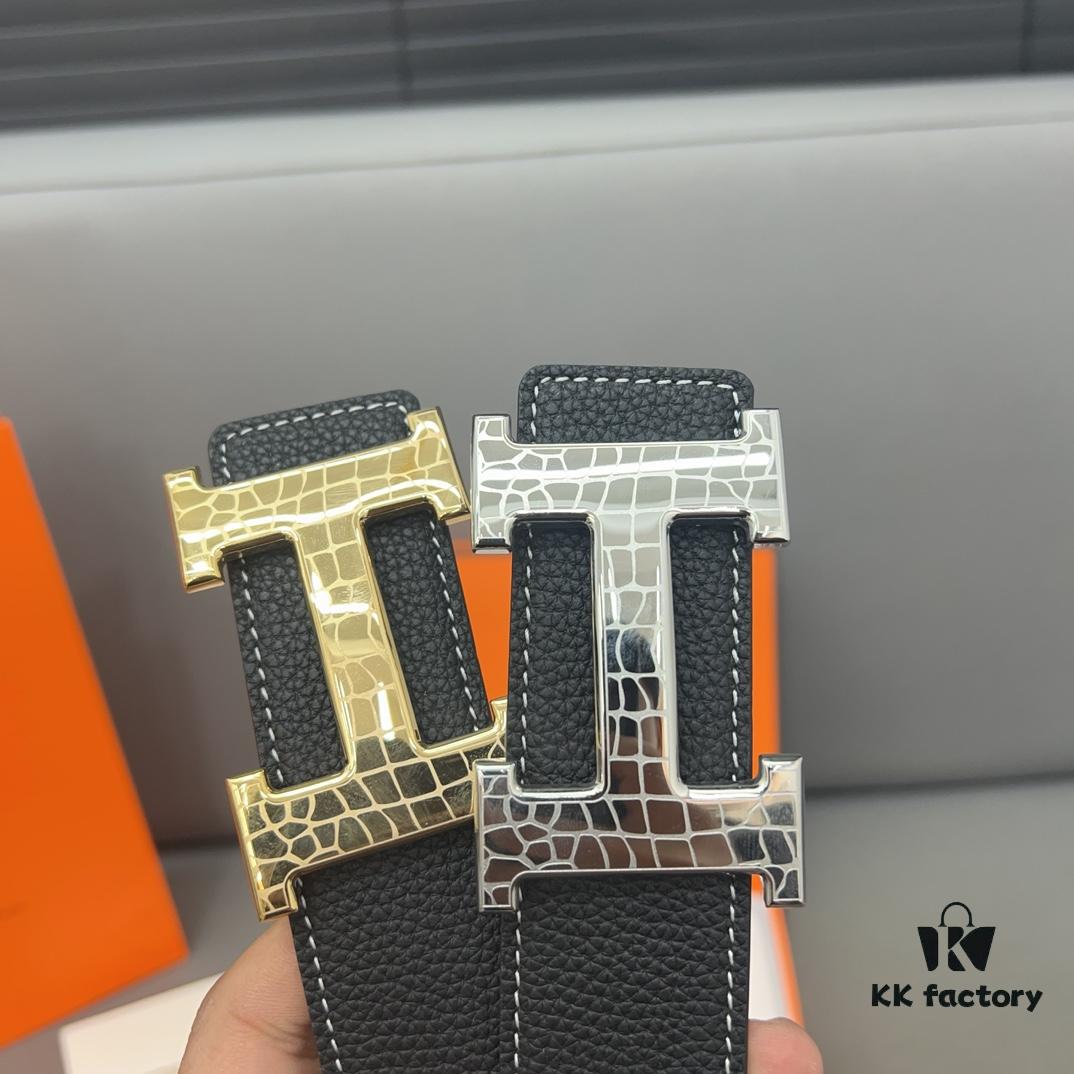 Hermès Men's Leather Belt with Steel Buckle and Printed Eyelets, Classic Design, Two Colors Available