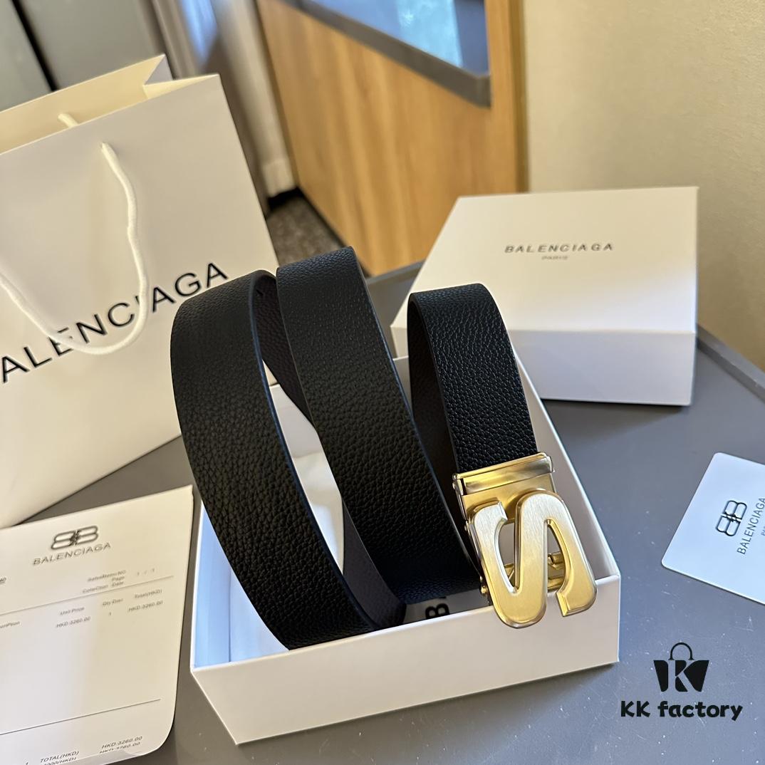 Authentic Luxury Gift Box 🎁➕ Shopping Bag 🏷, Balenciaga Full-Grain Leather Belt for Men and Women, High-End Version, L Brand Cowhide Belt, Complete Packaging with Original Hardware Buckle, Matching Retail Box, Shopping Bag and Invoice