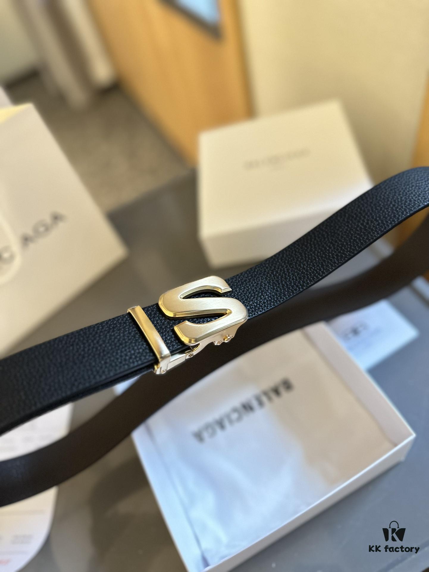 Authentic Luxury Gift Box 🎁➕ Shopping Bag 🏷, Balenciaga Full-Grain Leather Belt for Men and Women, High-End Version, L Brand Cowhide Belt, Complete Packaging with Original Hardware Buckle, Matching Retail Box, Shopping Bag and Invoice