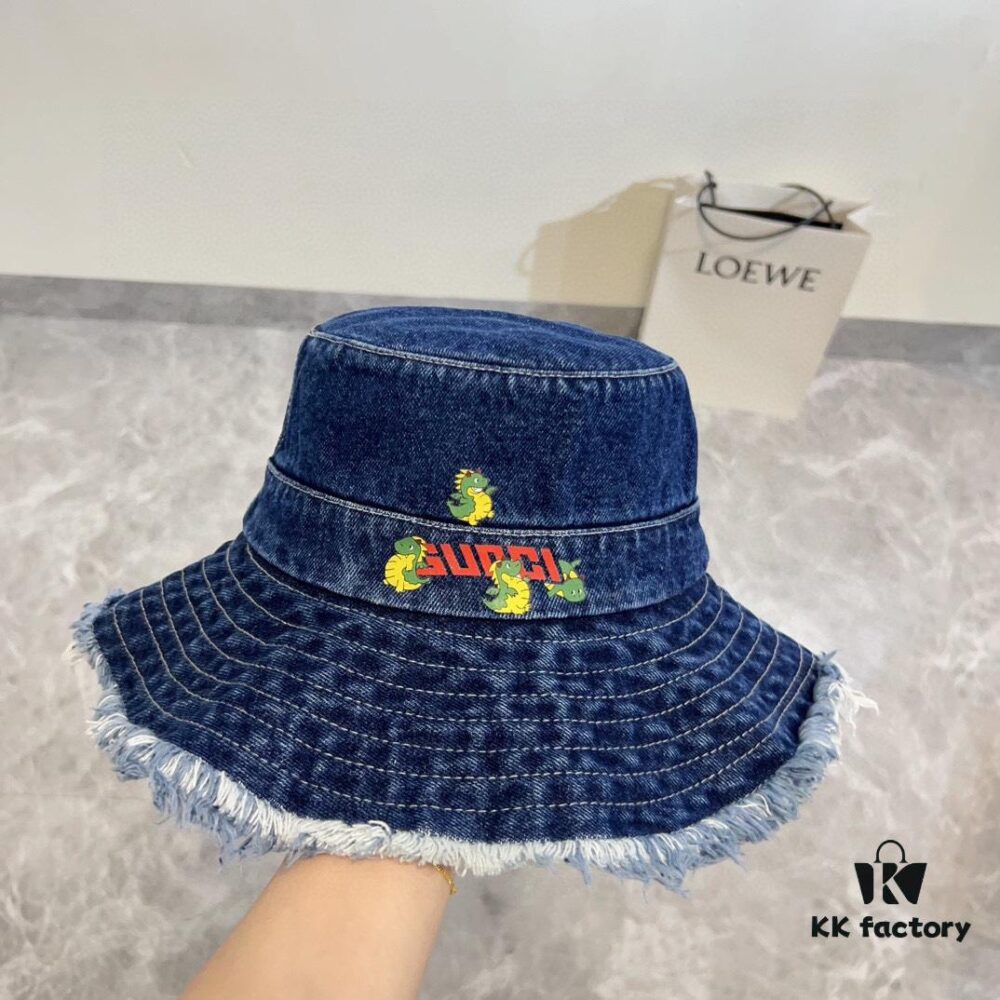 Gucci 2024 Spring New Arrival Denim Fisherman Hat, Unisex Fashion Style with Chinese Dragon Year Design Element