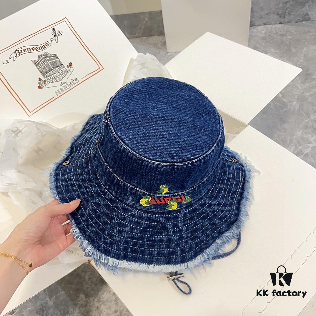 Gucci 2024 Spring New Arrival Denim Fisherman Hat, Unisex Fashion Style with Chinese Dragon Year Design Element