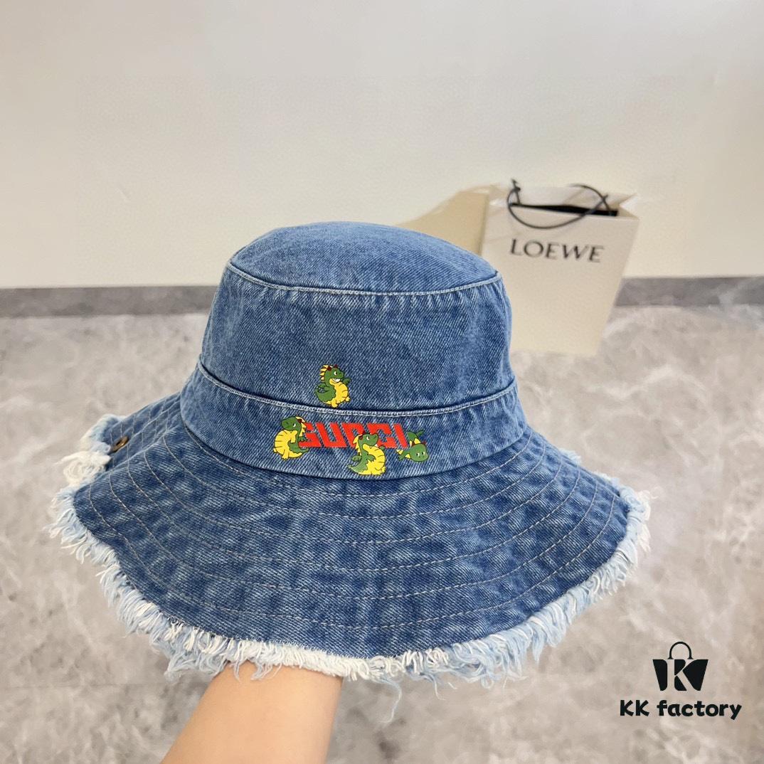Gucci 2024 Pre-Spring New Denim Fisherman Hat, Unisex Streetwear Style with Zodiac Dragon Year Element