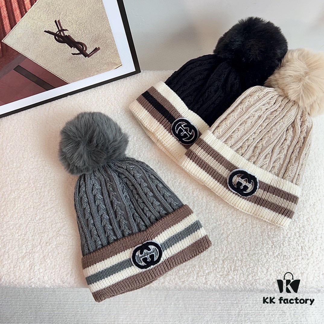 GUCCI 2024 Fall/Winter New Striped Pom-Pom Knit Hat for Men and Women, Luxury Stripe Series, Dust Bag Included