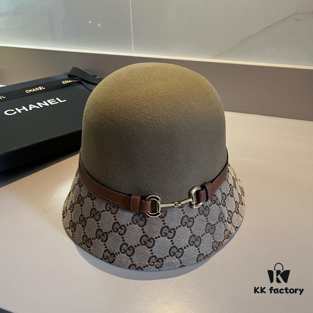 Gucci 2023 Fall/Winter New Arrival Wool Hat, Felt Fedora with Back Slit Design and Premium Leather Band, High-End Tailoring, 100% Wool, Head Circumference 57cm