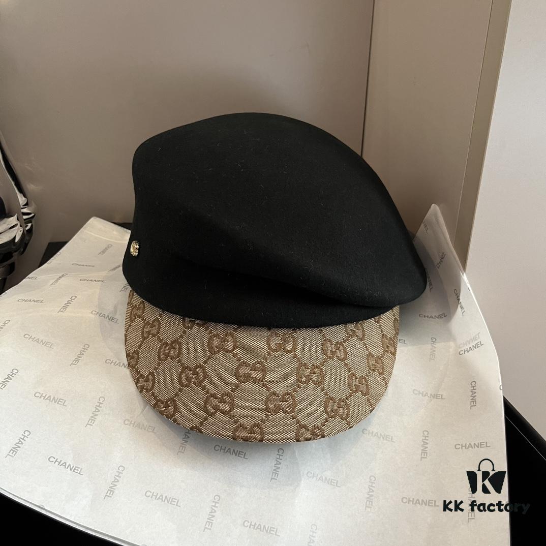 Gucci 2022 Fall/Winter New Arrivals Military Cap, High-End Custom Wool Hat with GG Brim Detail, Elegant and Sophisticated, Available in Black and Khaki, Head Circumference 57cm