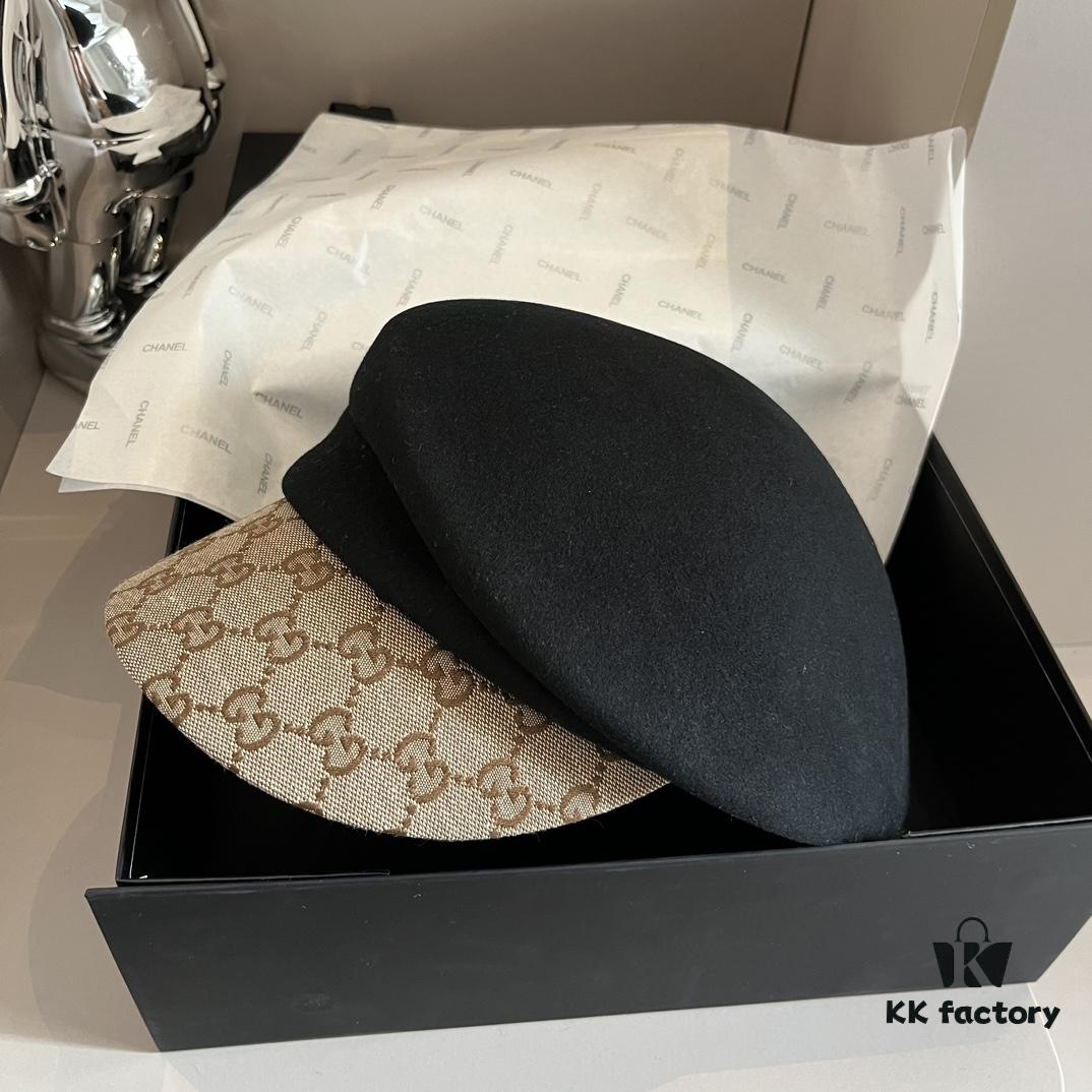 Gucci 2022 Fall/Winter New Arrivals Military Cap, High-End Custom Wool Hat with GG Brim Detail, Elegant and Sophisticated, Available in Black and Khaki, Head Circumference 57cm
