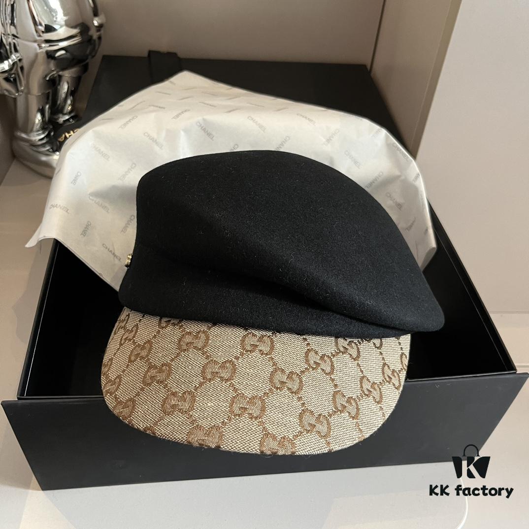 Gucci 2022 Fall/Winter New Arrivals Military Cap, High-End Custom Wool Hat with GG Brim Detail, Elegant and Sophisticated, Available in Black and Khaki, Head Circumference 57cm