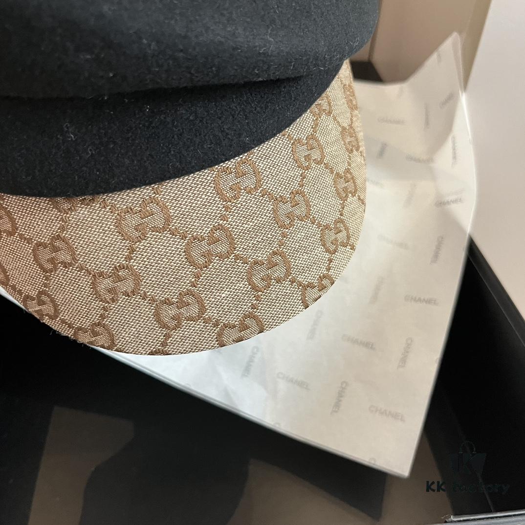 Gucci 2022 Fall/Winter New Arrivals Military Cap, High-End Custom Wool Hat with GG Brim Detail, Elegant and Sophisticated, Available in Black and Khaki, Head Circumference 57cm