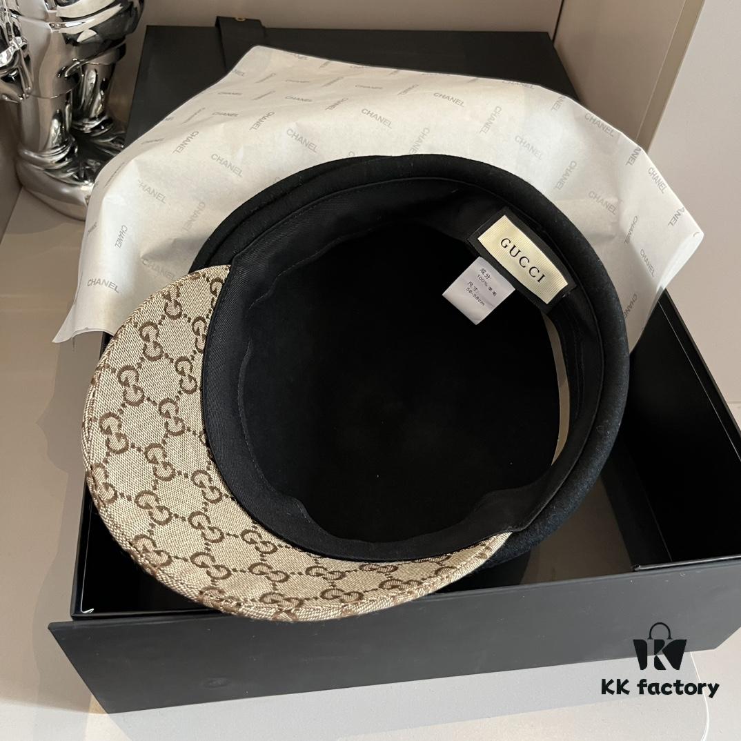 Gucci 2022 Fall/Winter New Arrivals Military Cap, High-End Custom Wool Hat with GG Brim Detail, Elegant and Sophisticated, Available in Black and Khaki, Head Circumference 57cm
