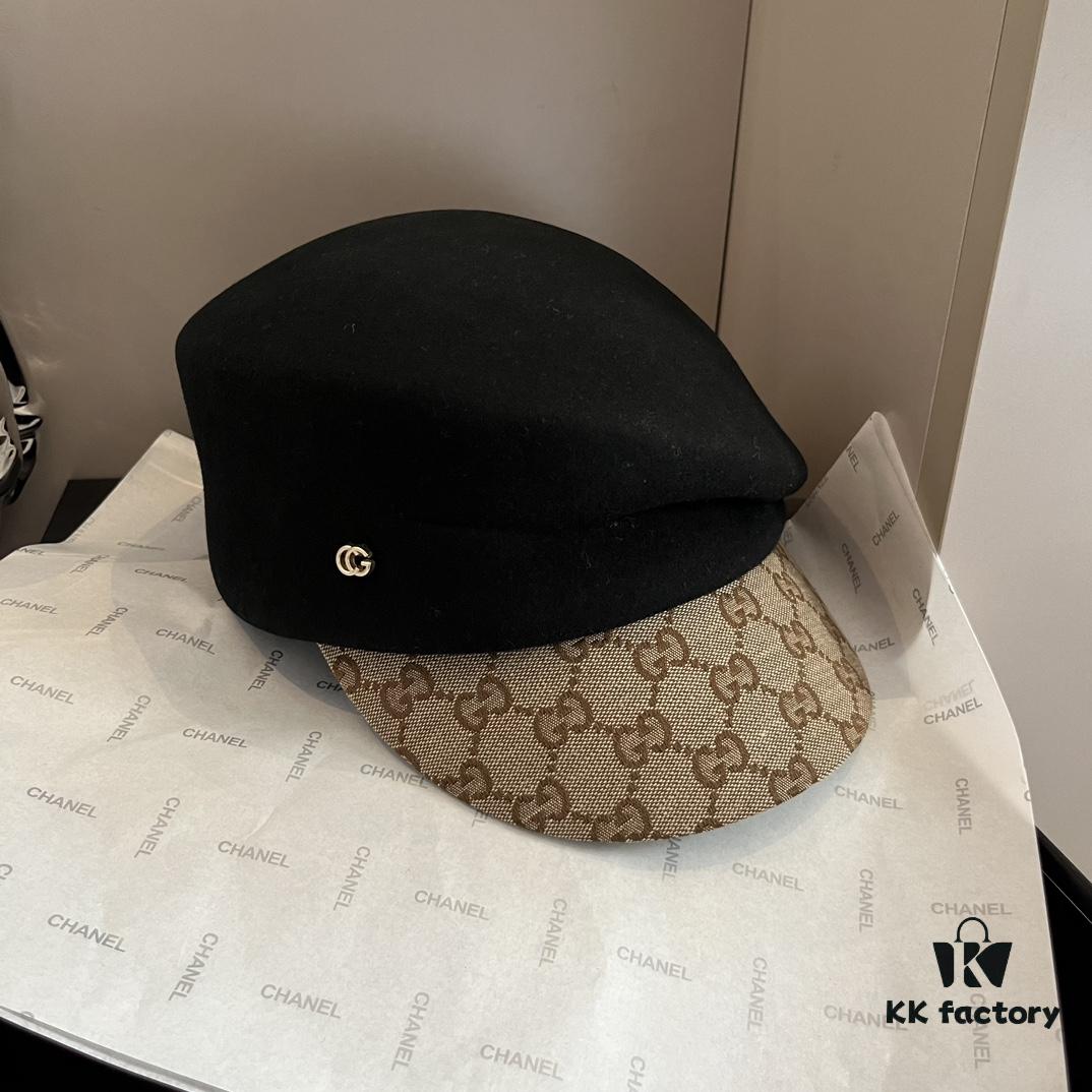 Gucci 2022 Fall/Winter New Arrivals Military Cap, High-End Custom Wool Hat with GG Brim Detail, Elegant and Sophisticated, Available in Black and Khaki, Head Circumference 57cm