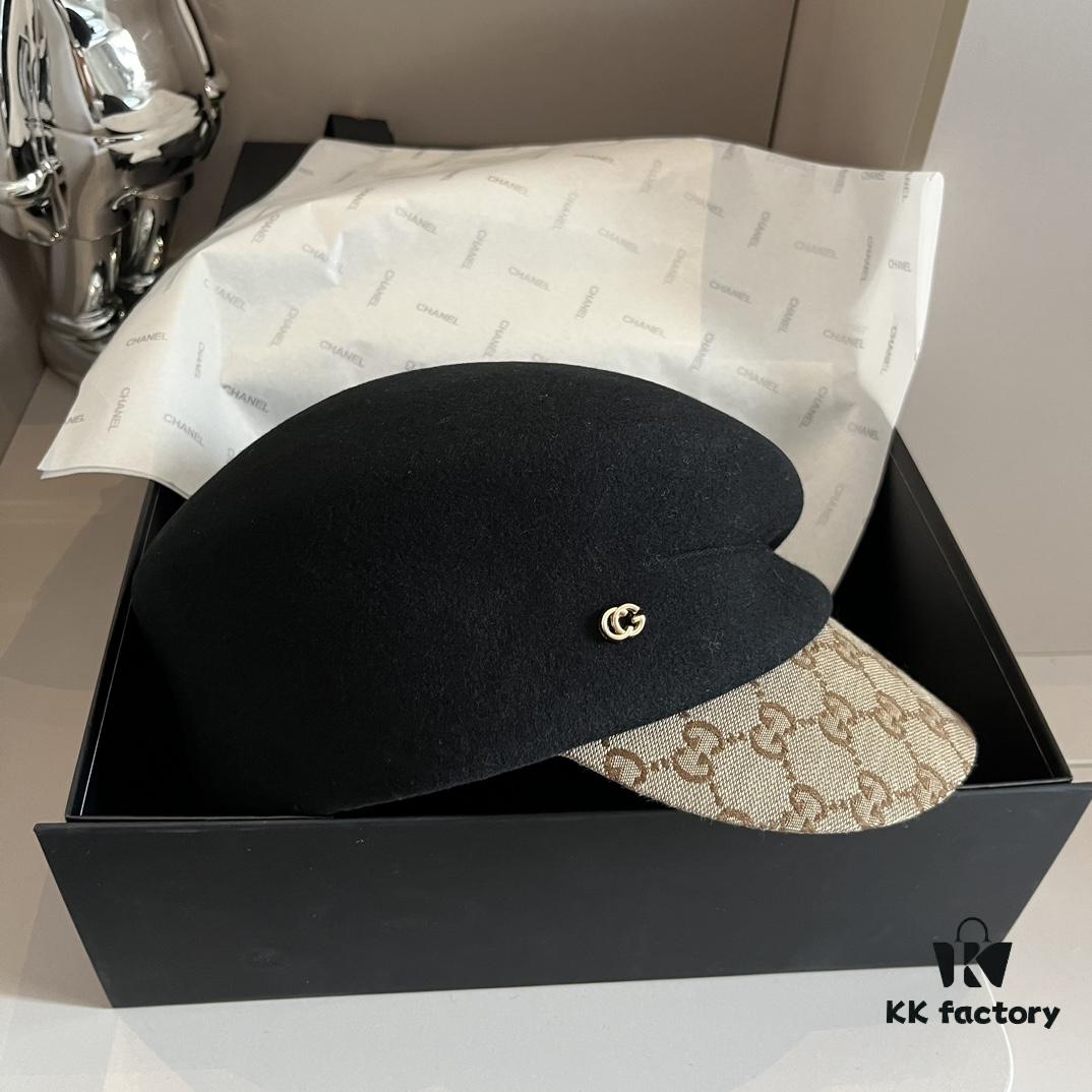 Gucci 2022 Fall/Winter New Arrivals Military Cap, High-End Custom Wool Hat with GG Brim Detail, Elegant and Sophisticated, Available in Black and Khaki, Head Circumference 57cm