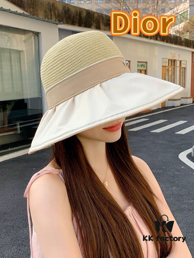 DIOR Bucket Hat 2024 Summer New Sun Protection Fishing Hat with Bow for Men and Women, Wide-Brimmed Beach Hat for Travel, Face-Framing Sun Hat