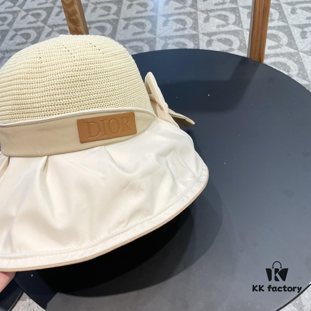 DIOR Bucket Hat 2024 Summer New Sun Protection Fishing Hat with Bow for Men and Women, Wide-Brimmed Beach Hat for Travel, Face-Framing Sun Hat