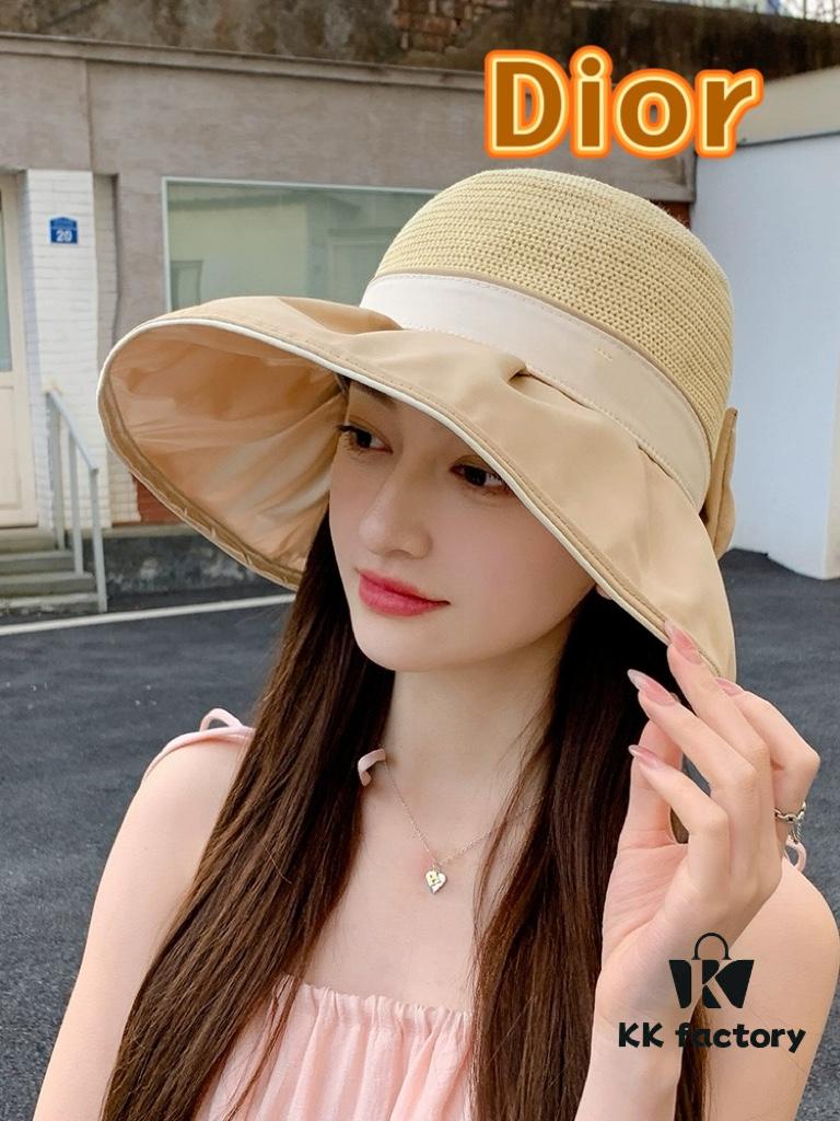 DIOR Bucket Hat 2024 Summer New Sun Protection Bucket Hat with Bow for Men and Women, Wide Brim Beach Hat for Travel, UV-Protective, Face-Slimming Design