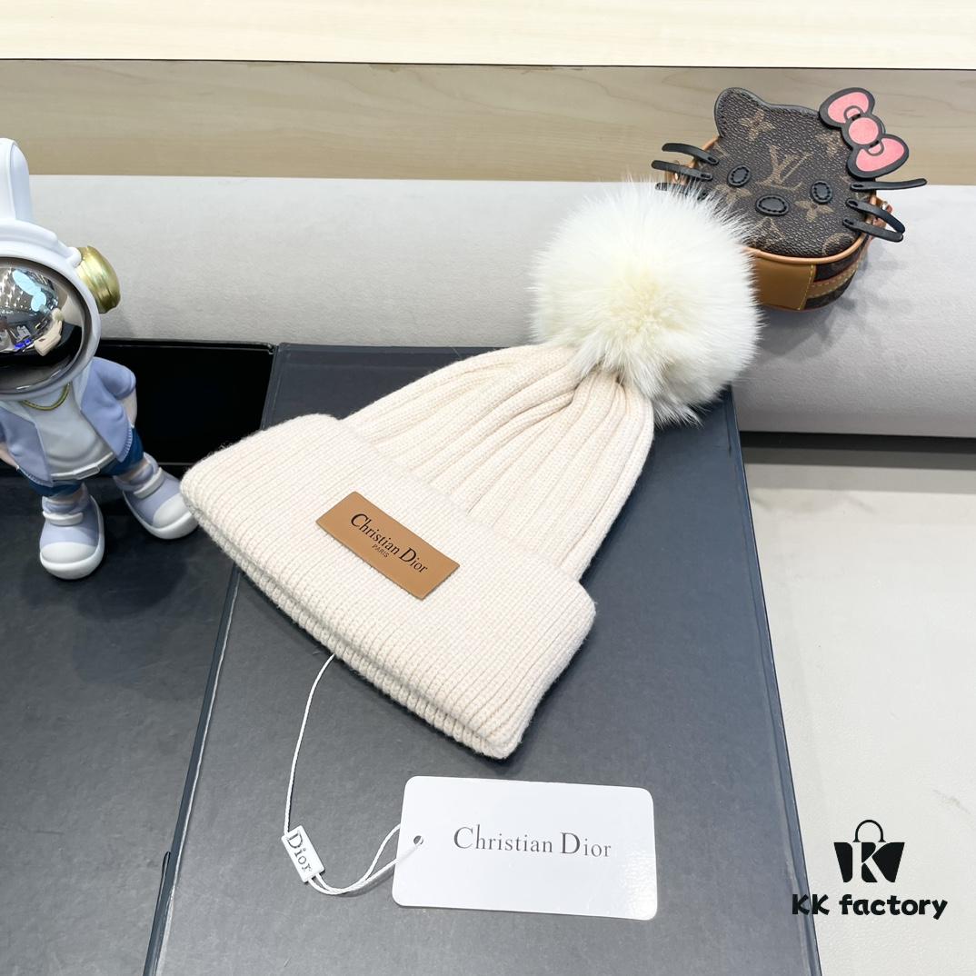 Dior Women's Knitted Hat with Genuine Fox Fur Pom-Pom, Thick Winter Warm Ear-Protecting Beanie for Autumn and Winter