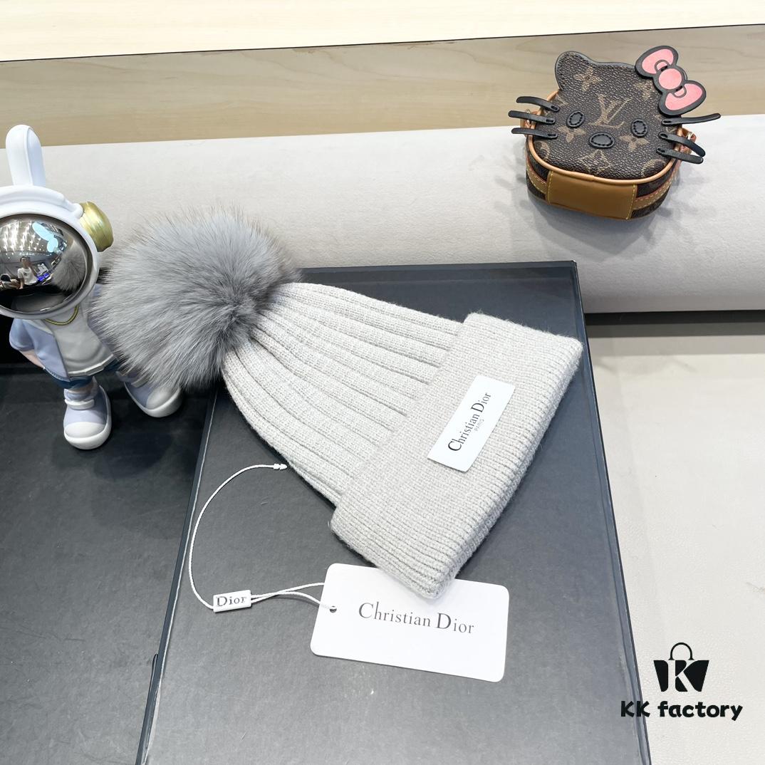 Dior Women's Knitted Hat with Genuine Fox Fur Pom for Autumn and Winter, Thickened Warm Ear-Protecting Beanie
