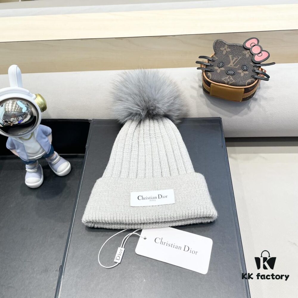 Dior Women's Knitted Hat with Genuine Fox Fur Pom for Autumn and Winter, Thickened Warm Ear-Protecting Beanie