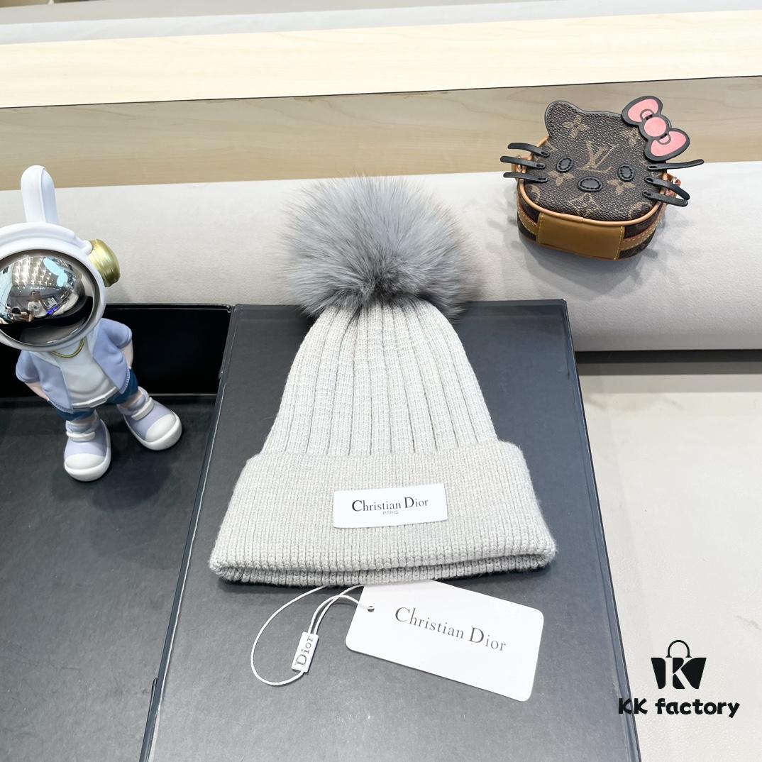Dior Women's Knitted Hat with Genuine Fox Fur Pom for Autumn and Winter, Thickened Warm Ear-Protecting Beanie