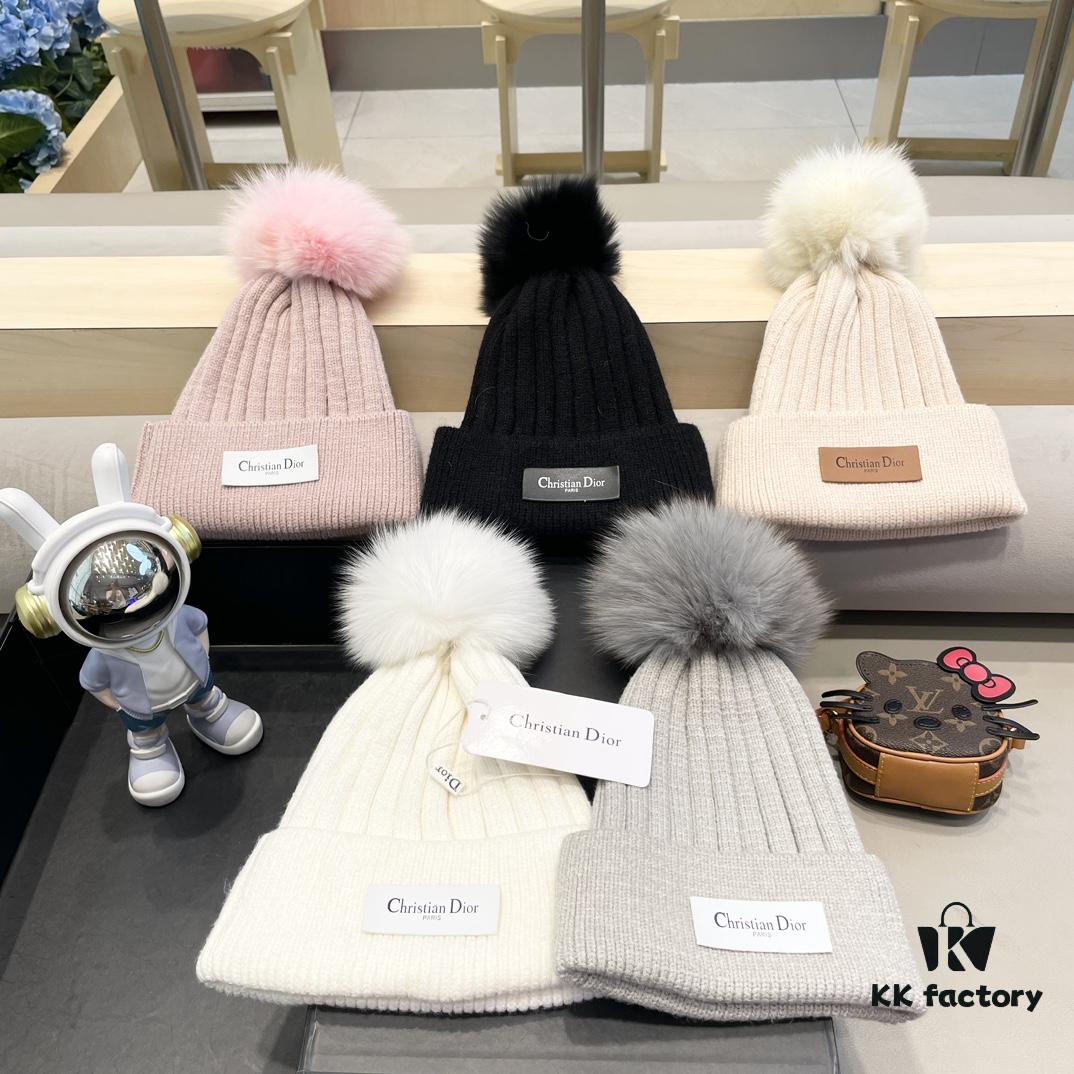 Dior Women's Knitted Hat with Genuine Fox Fur Pom for Autumn and Winter, Thickened Warm Ear-Protecting Beanie