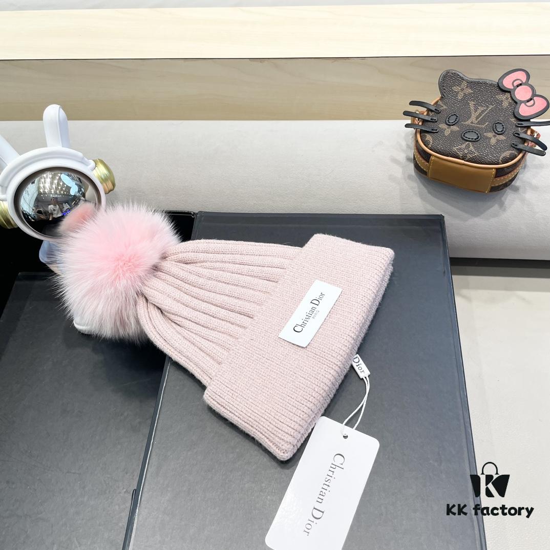 Dior Women's Knit Hat with Genuine Fox Fur Pom-Pom, Thickened Winter Warm Ear-Protecting Beanie for Autumn and Winter