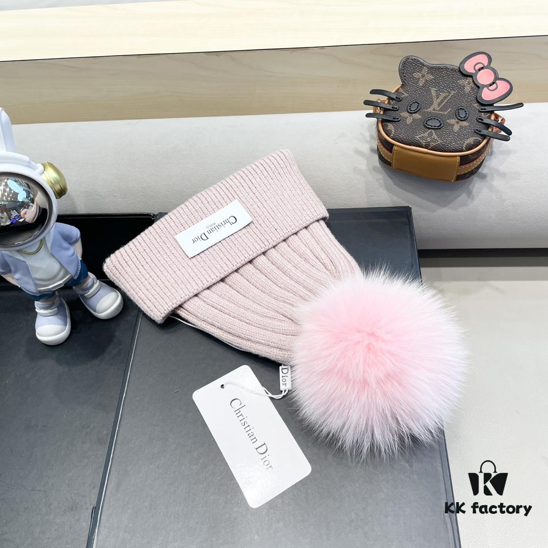 Dior Women's Knit Hat with Genuine Fox Fur Pom-Pom, Thickened Winter Warm Ear-Protecting Beanie for Autumn and Winter