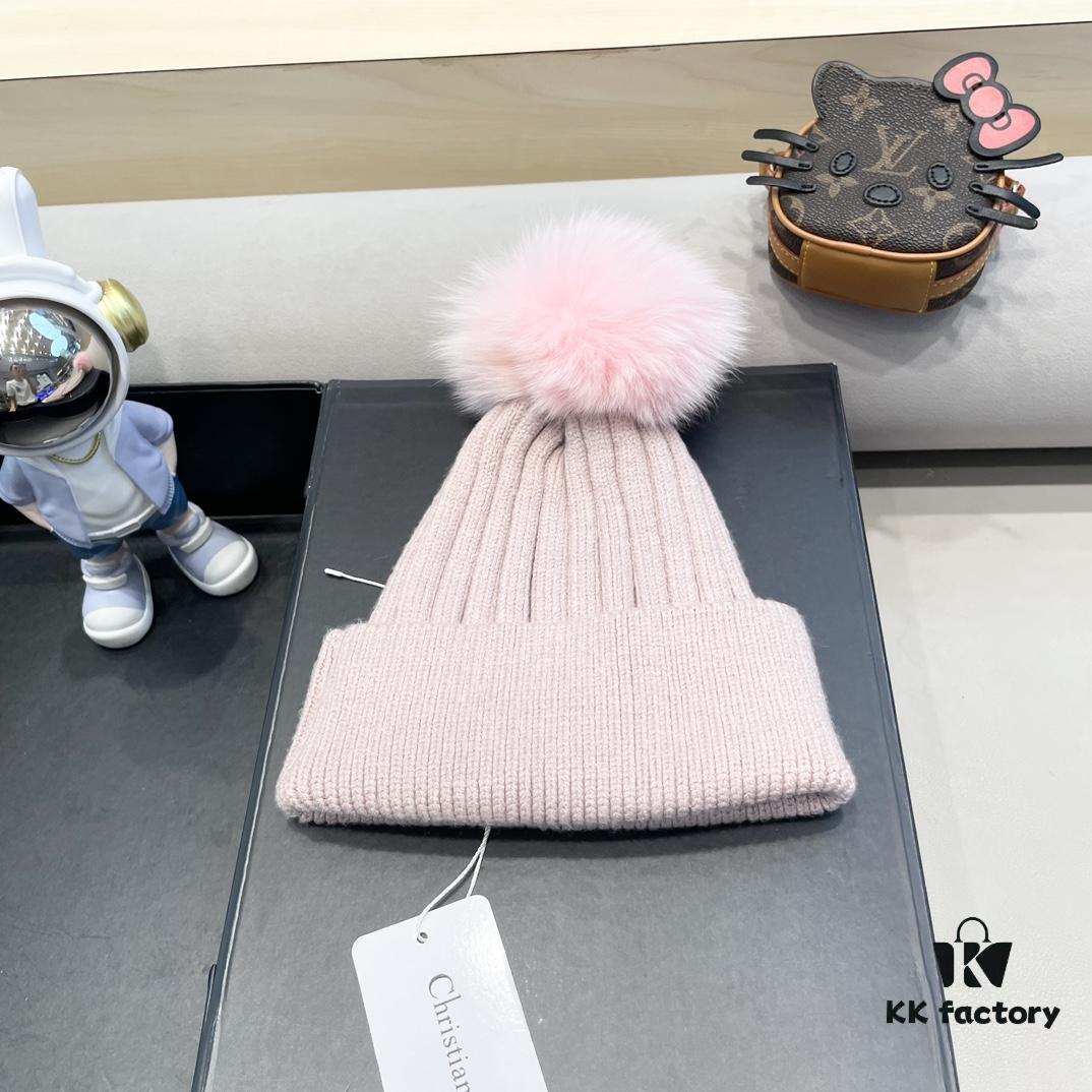 Dior Women's Knit Hat with Genuine Fox Fur Pom-Pom, Thickened Winter Warm Ear-Protecting Beanie for Autumn and Winter