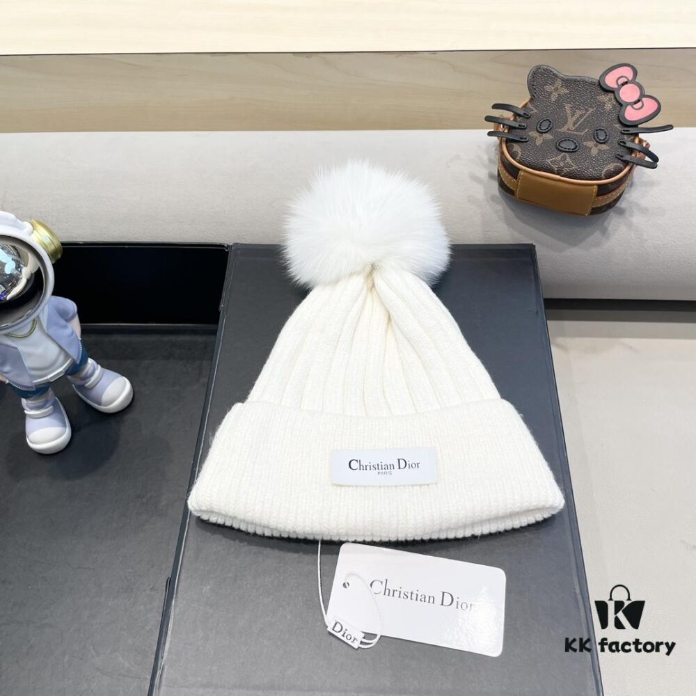 Dior Women's Knit Hat with Genuine Fox Fur Pom-Pom, Winter Thermal Insulated Ear-Protecting Beanie