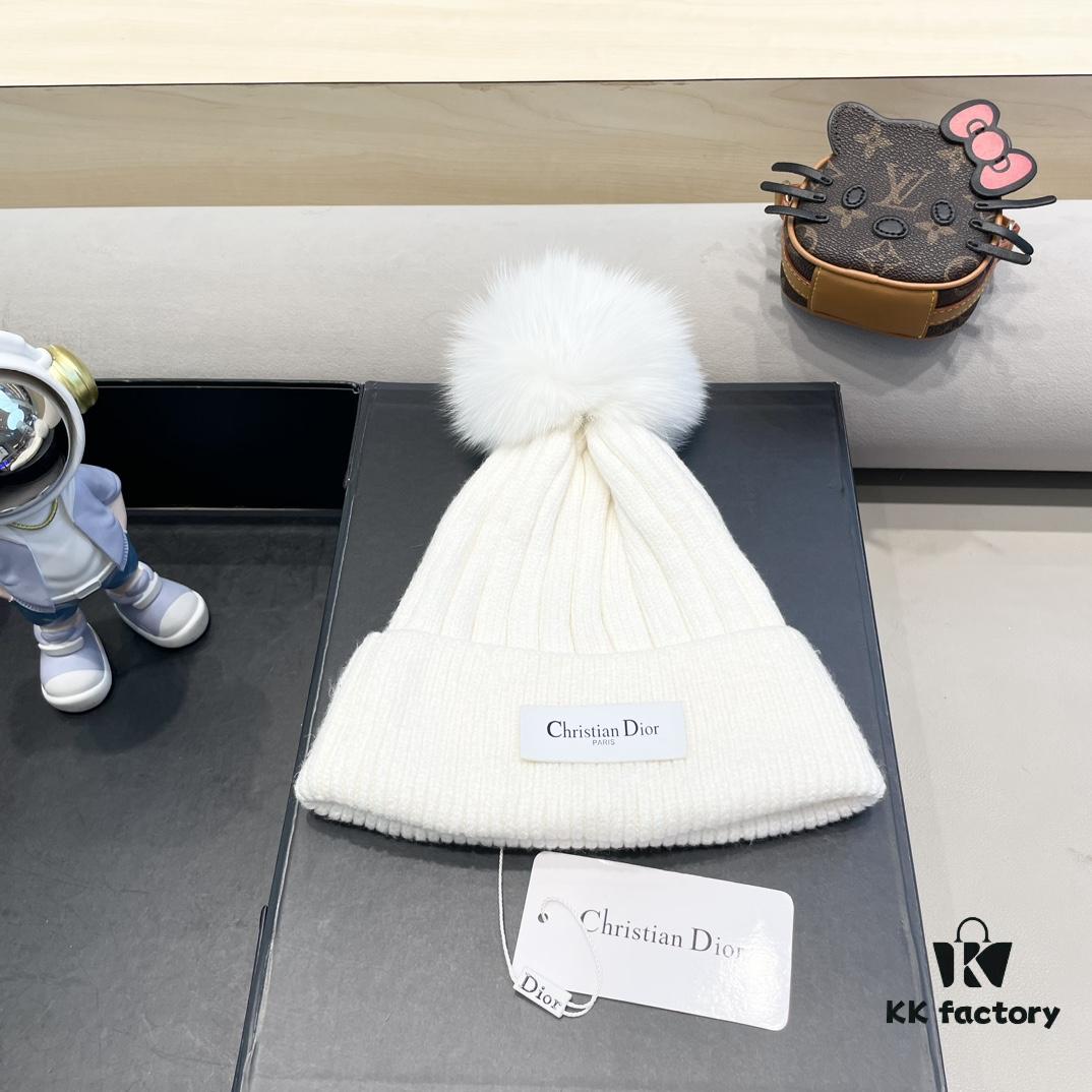 Dior Women's Knit Hat with Genuine Fox Fur Pom-Pom, Winter Thermal Insulated Ear-Protecting Beanie