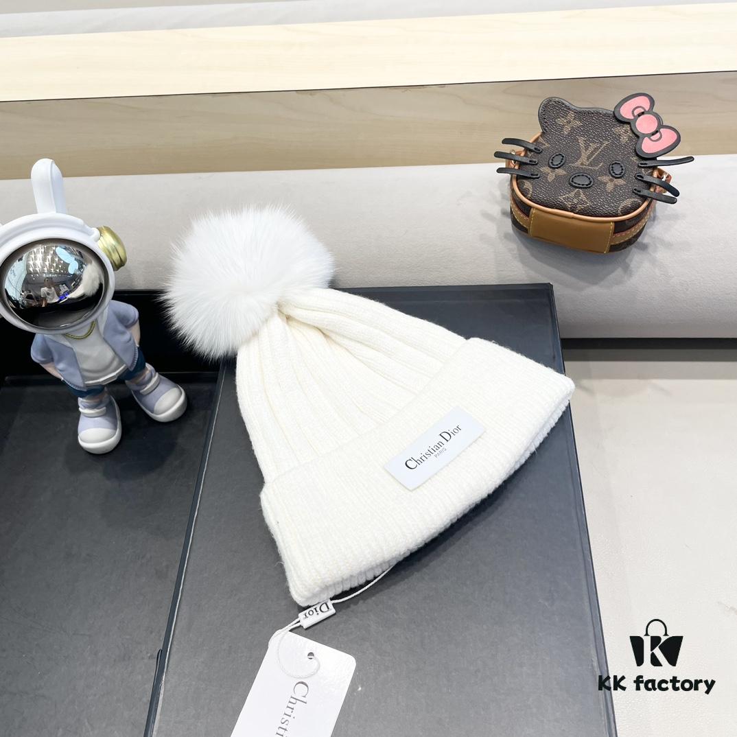 Dior Women's Knit Hat with Genuine Fox Fur Pom-Pom, Winter Thermal Insulated Ear-Protecting Beanie