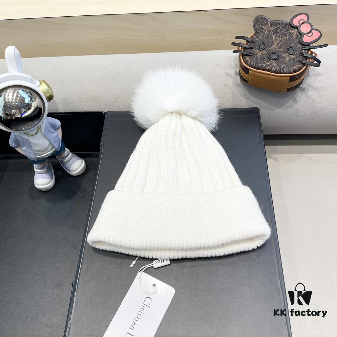 Dior Women's Knit Hat with Genuine Fox Fur Pom-Pom, Winter Thermal Insulated Ear-Protecting Beanie